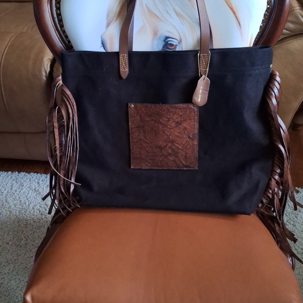 Black Canvas Tote with Brown Leather Fringe and Patch